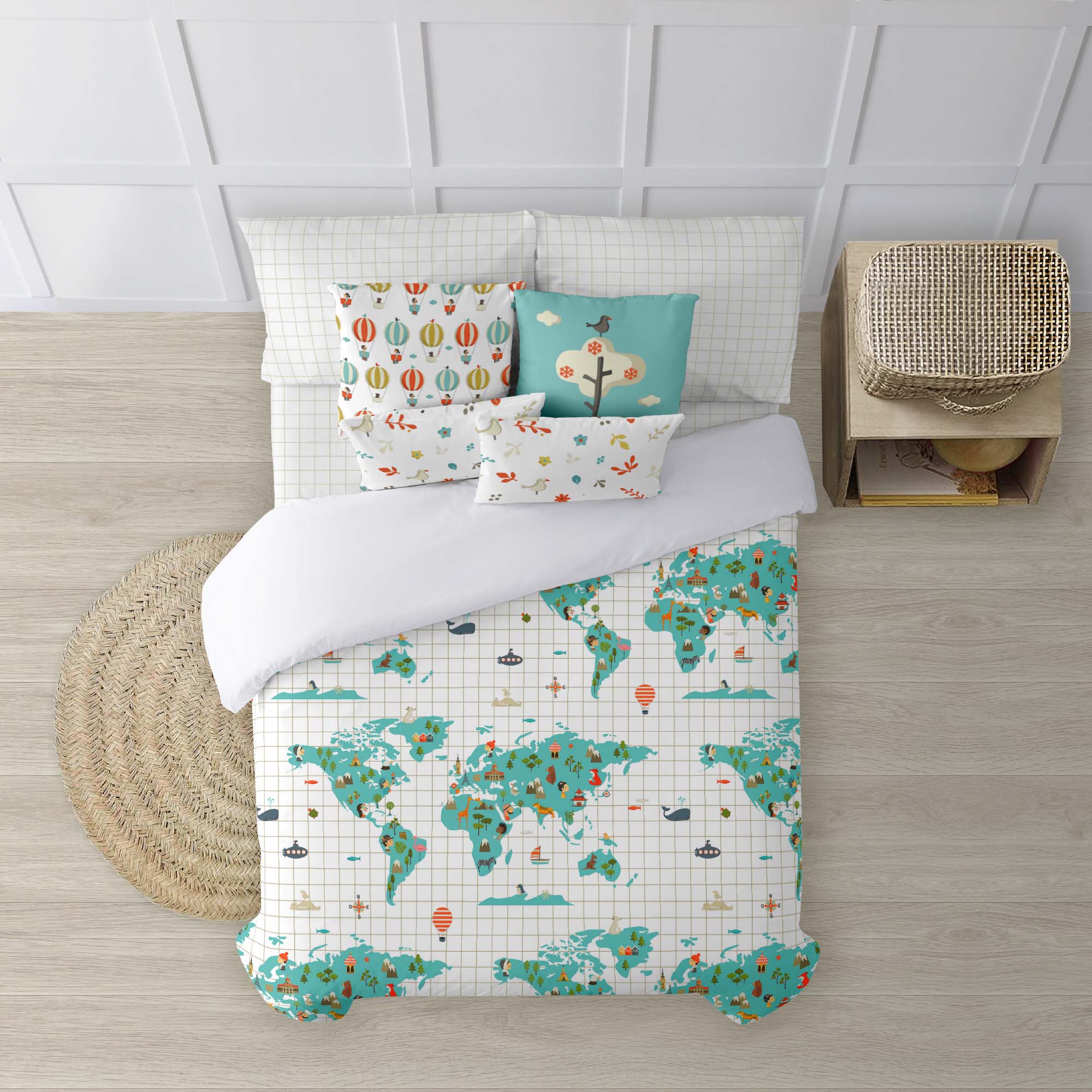 Nordic set 100% cotton World Map Blue