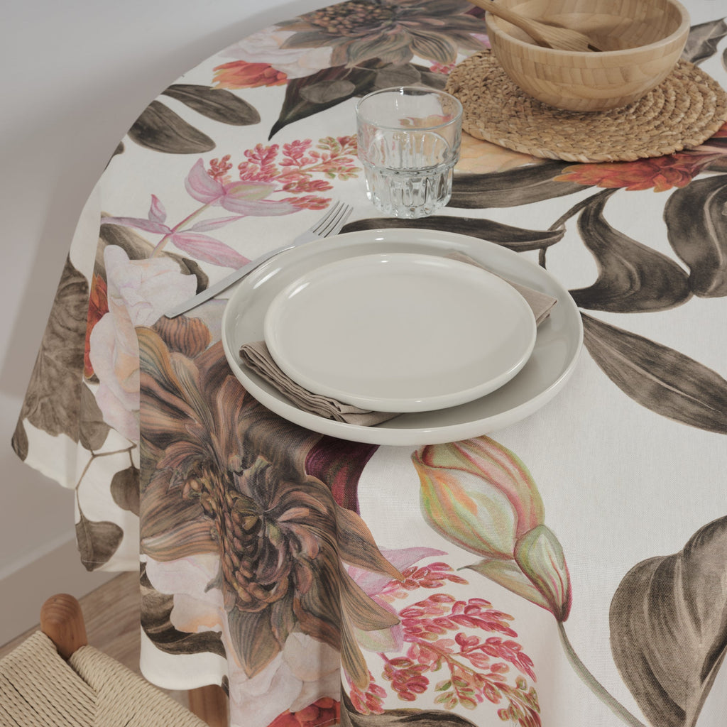 Ula Brown stain-resistant round tablecloth