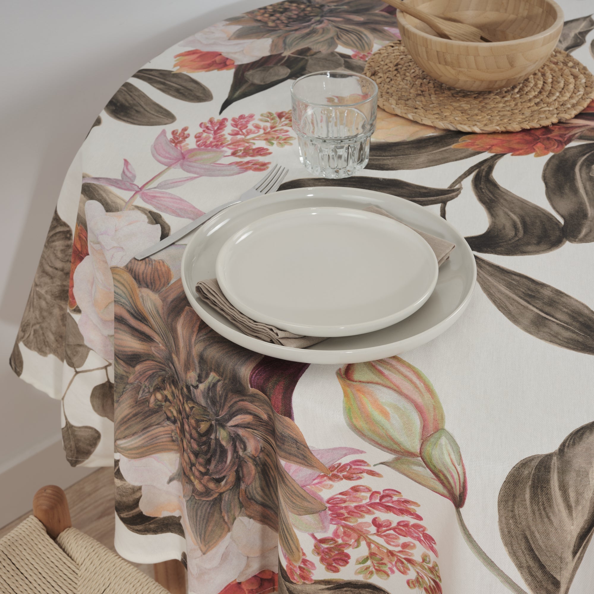 Ula Brown stain-resistant round tablecloth