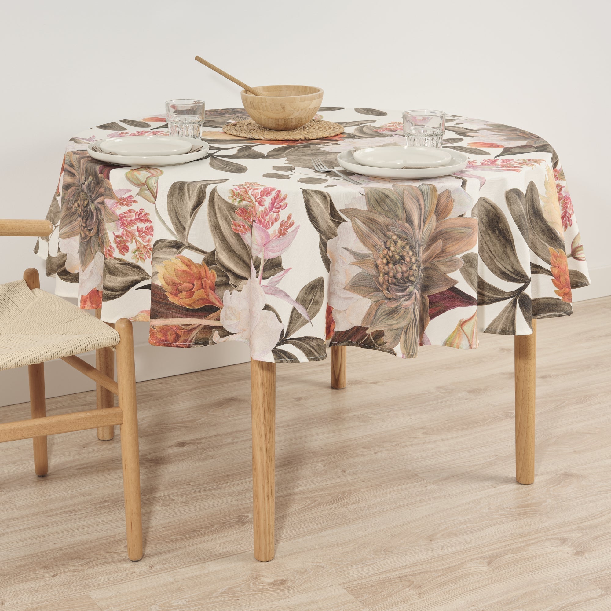 Ula Brown stain-resistant round tablecloth