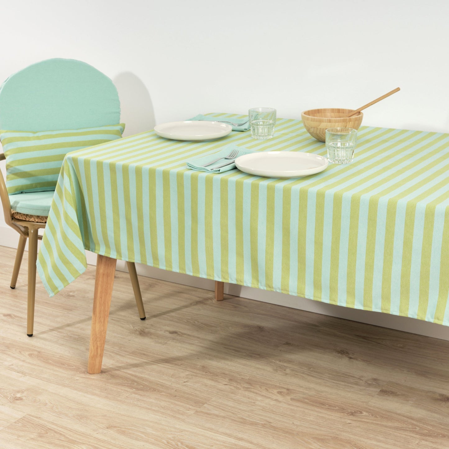 Mantel de tela jacquard Maglia Raya Pistacho y Turquesa
