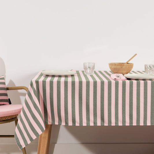 Mantel de tela jacquard Maglia Raya Rosa y Musgo