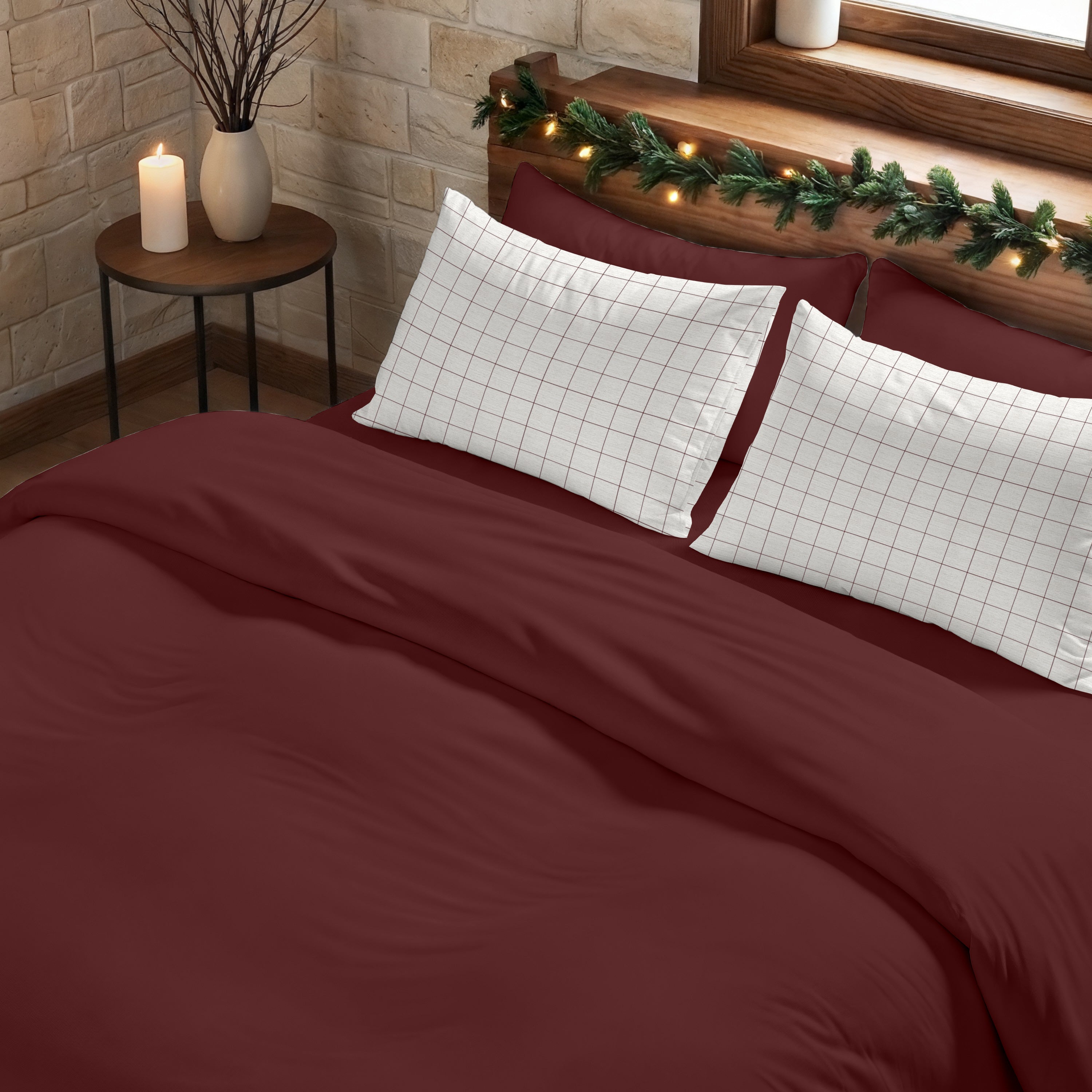 Funda nórdica con clicks Burdeos Liso 100% algodón